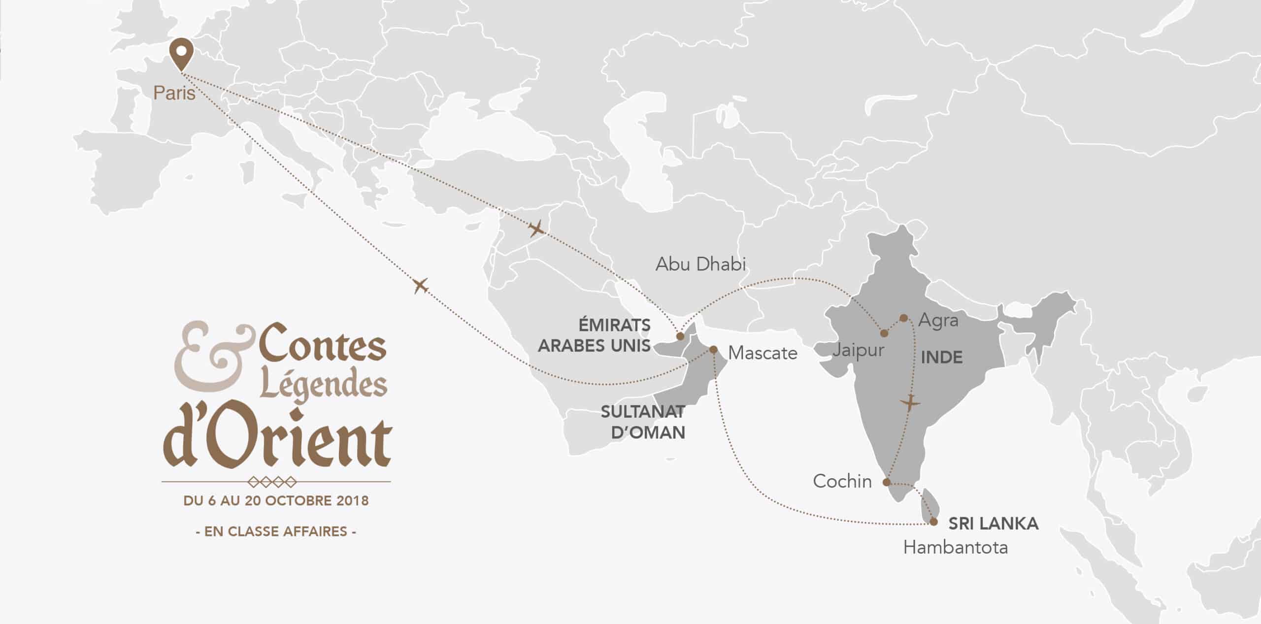 Carte illustrant un voyage d'exception entre Paris, l'Inde et le Sri Lanka, conçu par TMR Voyages.