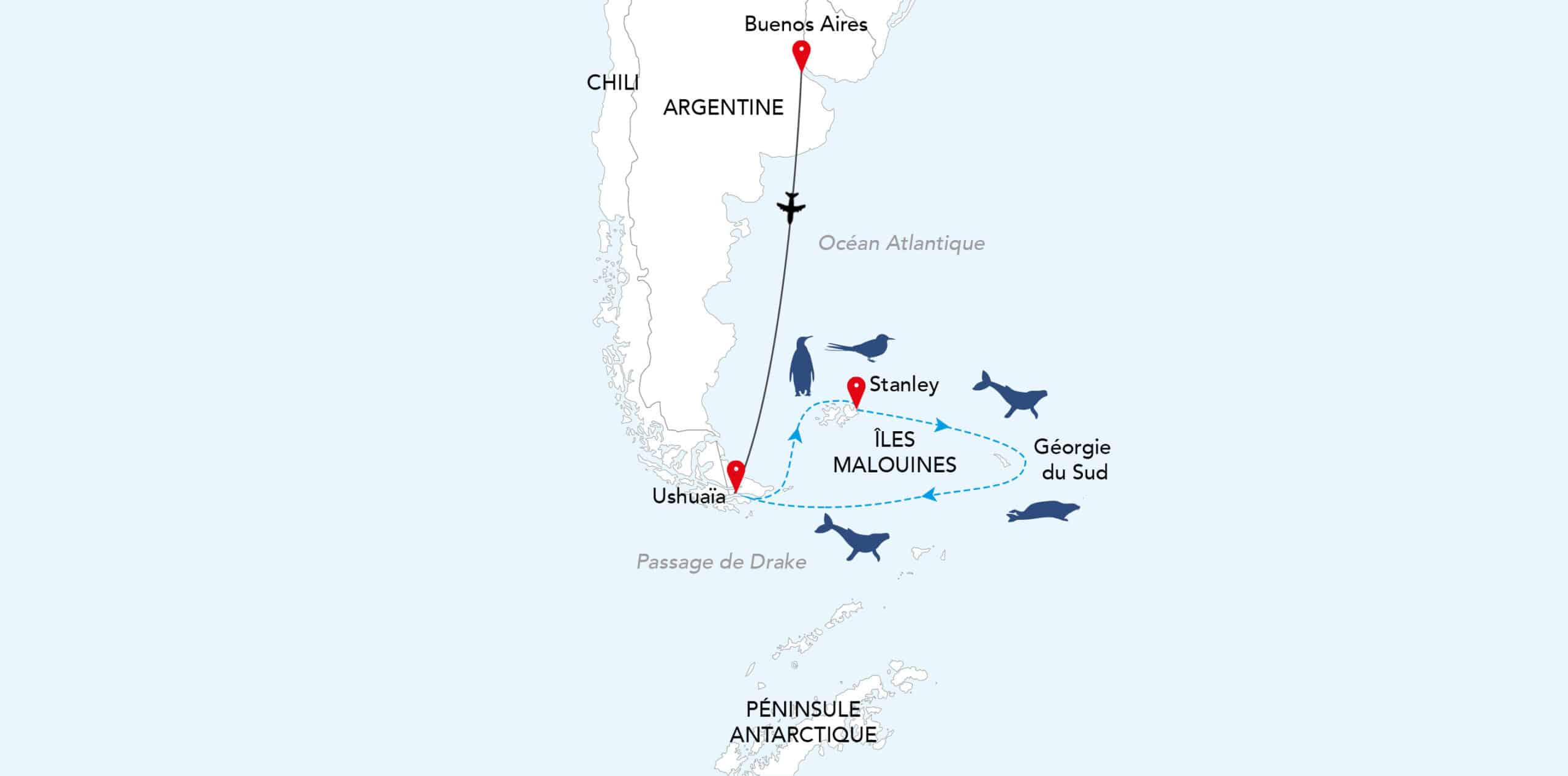 Carte des îles Malouines et de l'Antarctique, idéale pour des croisières de luxe avec TMR Croisières.