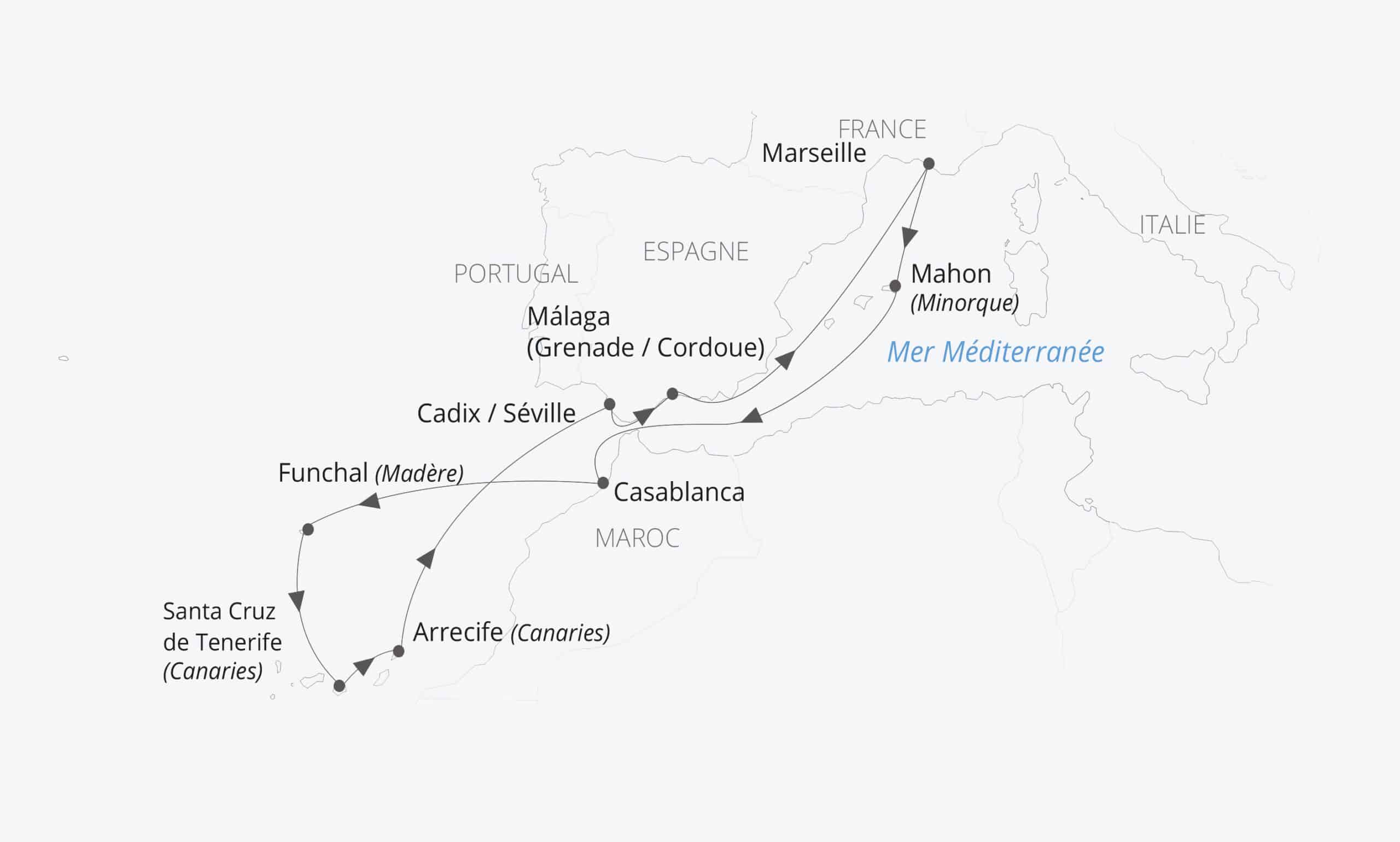 Carte des croisières en Méditerranée, mettant en avant des destinations comme Marseille, Funchal et Casablanca. TMR Croisières.