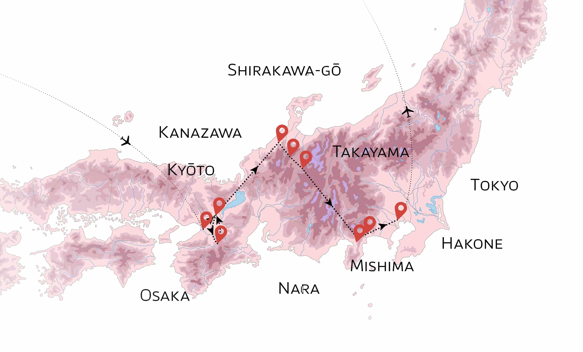 Carte du Japon montrant des destinations exclusives, idéale pour un voyage d'exception avec TMR Voyages.