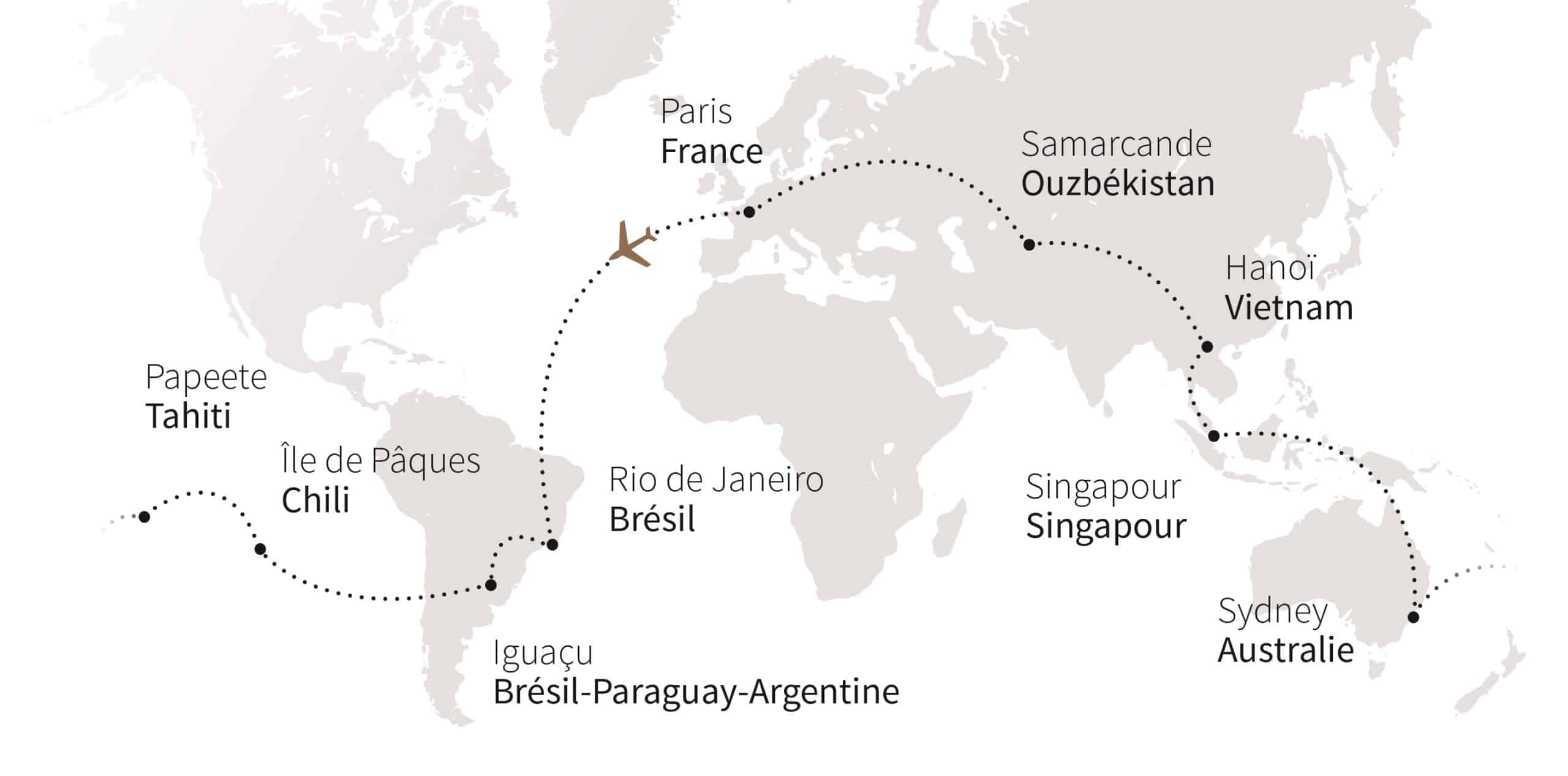 Cette carte illustre un voyage d’exception autour du monde avec TMR Voyages, reliant Paris à Sydney via de nombreuses destinations.