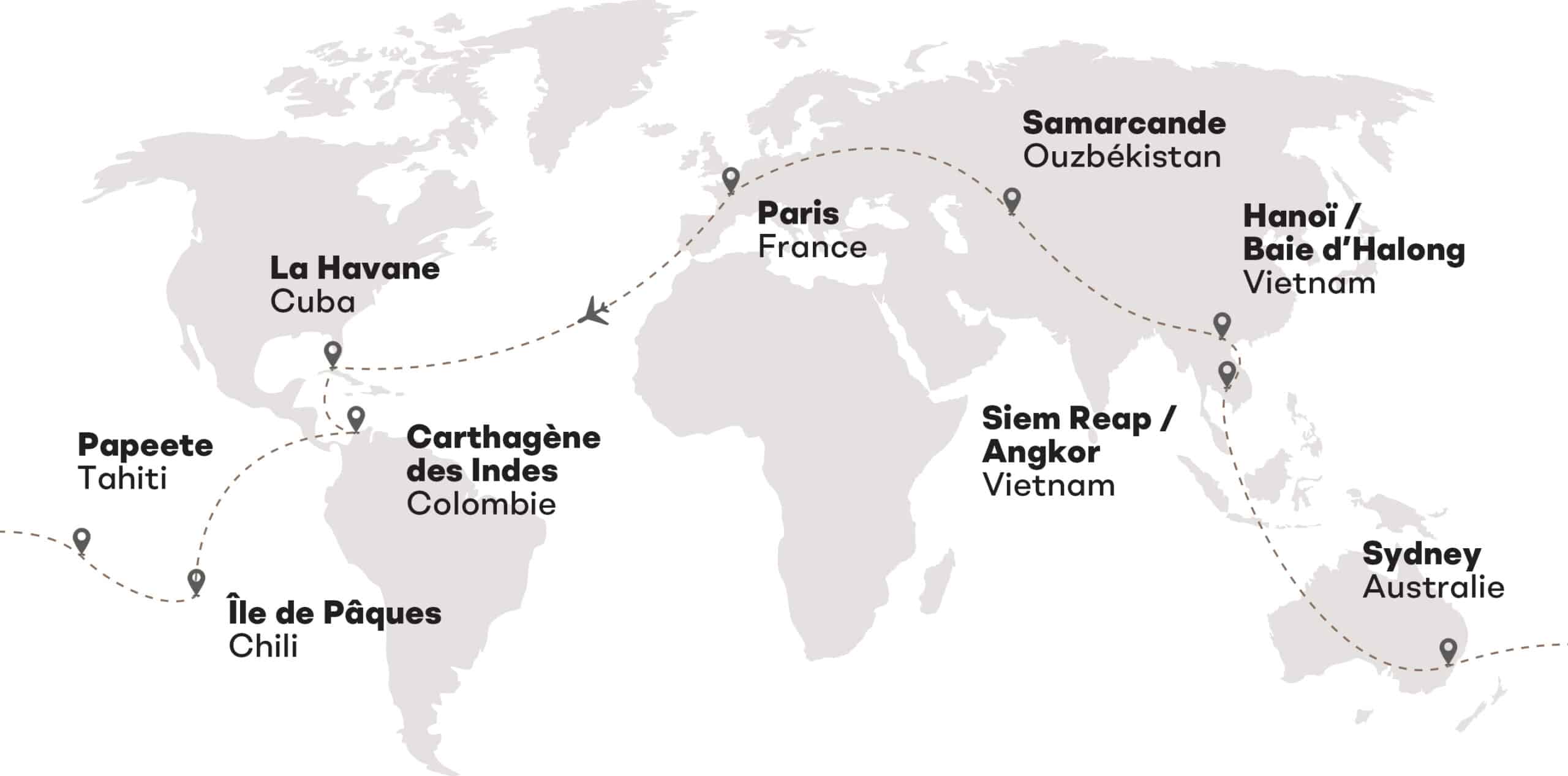 Carte des destinations emblématiques de TMR Voyages, offrant des expériences authentiques et des voyages sur mesure.L'Havane, Cuba : immersion culturelle au cœur de l'histoire et des traditions locales.Paris, France : visites guidées des monuments iconiques pour des escapades luxueuses et mémorables.Samarcande, Ouzbékistan : aventures fascinantes à travers des paysages historiques et culturels uniques.Hanoï/Baie d'Halong, Vietnam :