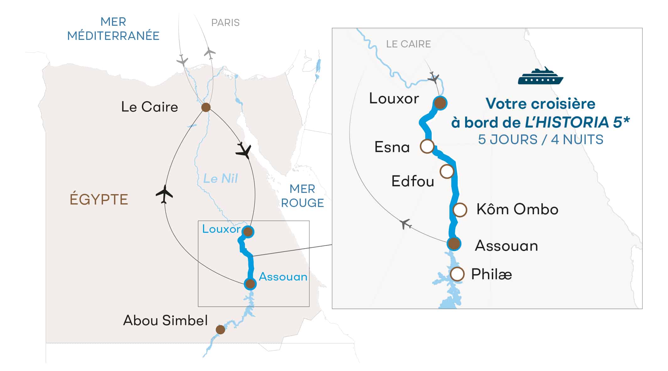 Découvrez votre croisière de luxe sur le Nil avec TMR Voyages, reliant Louxor à Assouan en cinq jours.