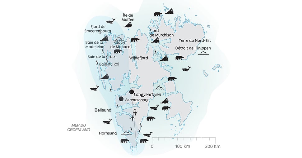 Carte détaillée des fjords et baies en Groenland, idéale pour un voyage d’exception avec TMR Voyages.