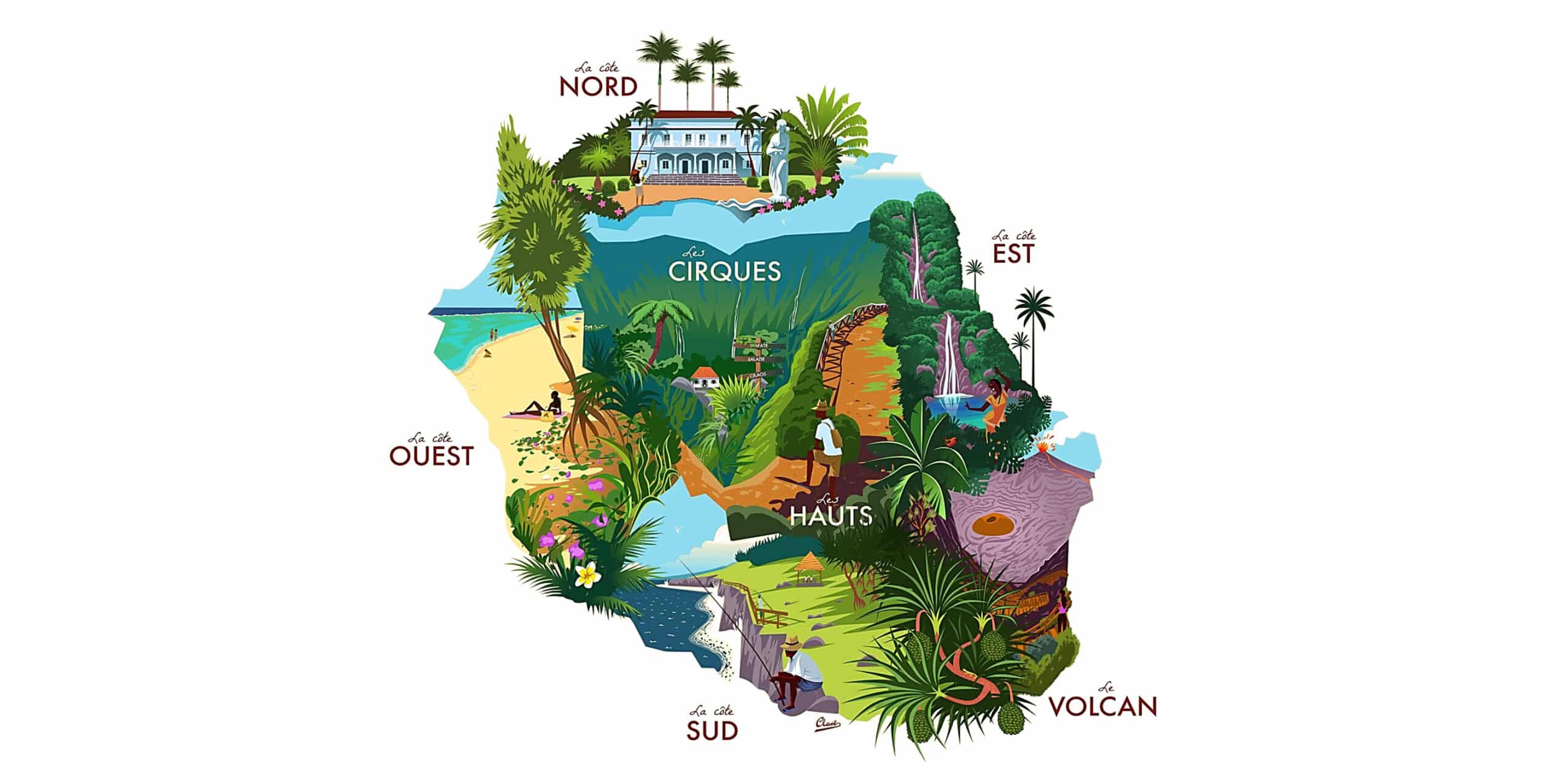 Carte colorée illustrant les différentes régions d'une destination exclusive, présentée par TMR Voyages.