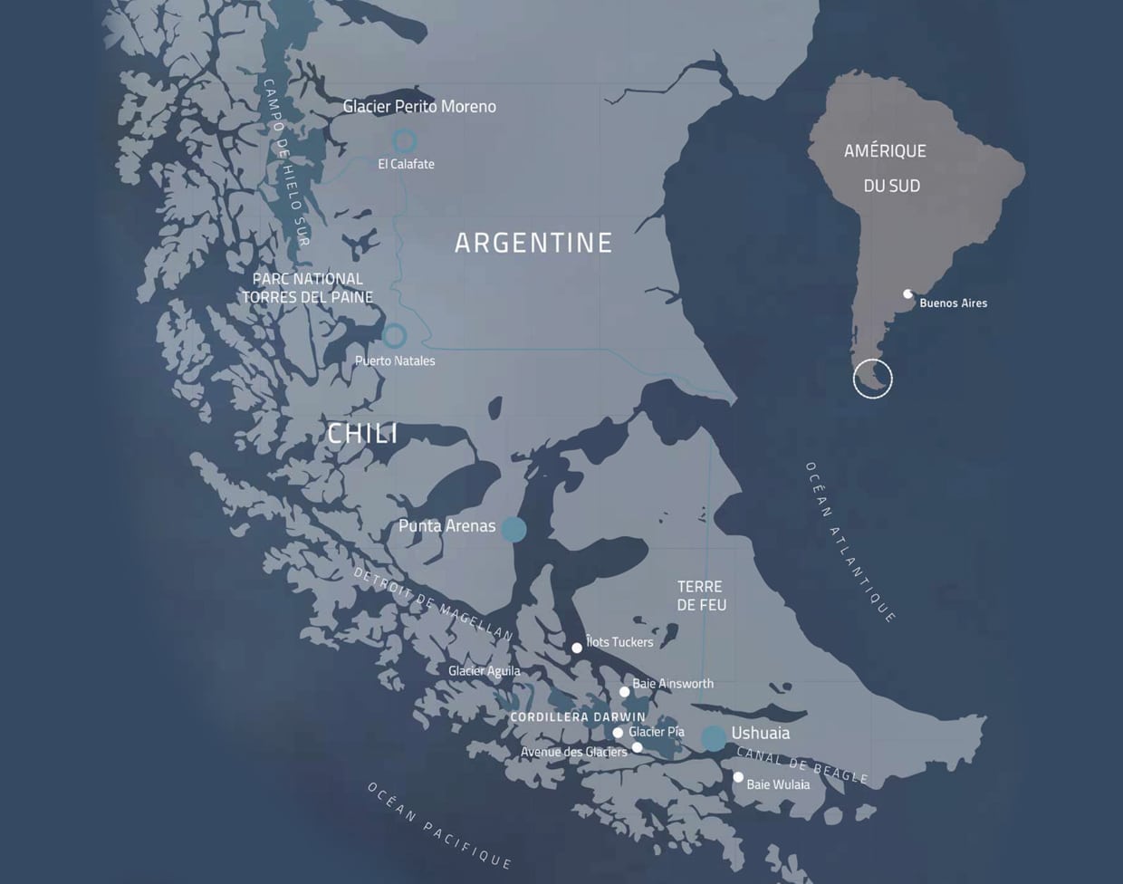 La carte montre l'Argentine et le Chili, idéale pour un voyage d’exception avec TMR Voyages vers Ushuaia et Torres del Paine.