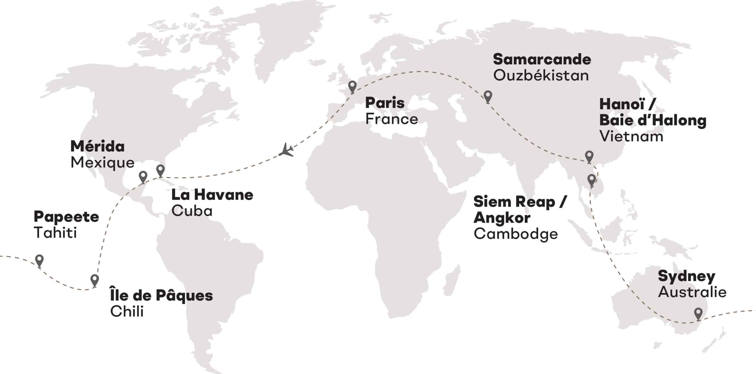 Carte illustrant un tour du monde avec des destinations exclusives, proposée par TMR Voyages.