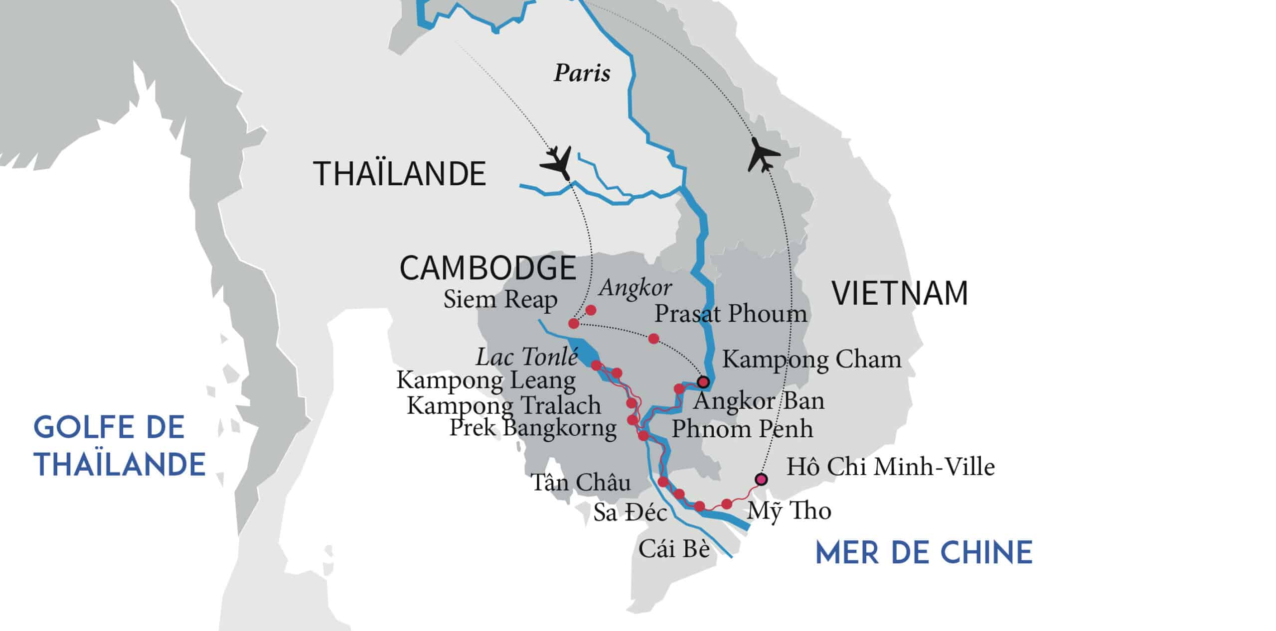 Carte des destinations en Asie du Sud-Est. TMR Voyages propose un voyage d’exception entre Cambodge et Vietnam.