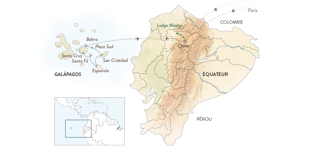 Carte des Galápagos et de l'Équateur, idéale pour un voyage de luxe avec TMR Voyages vers des destinations exclusives.