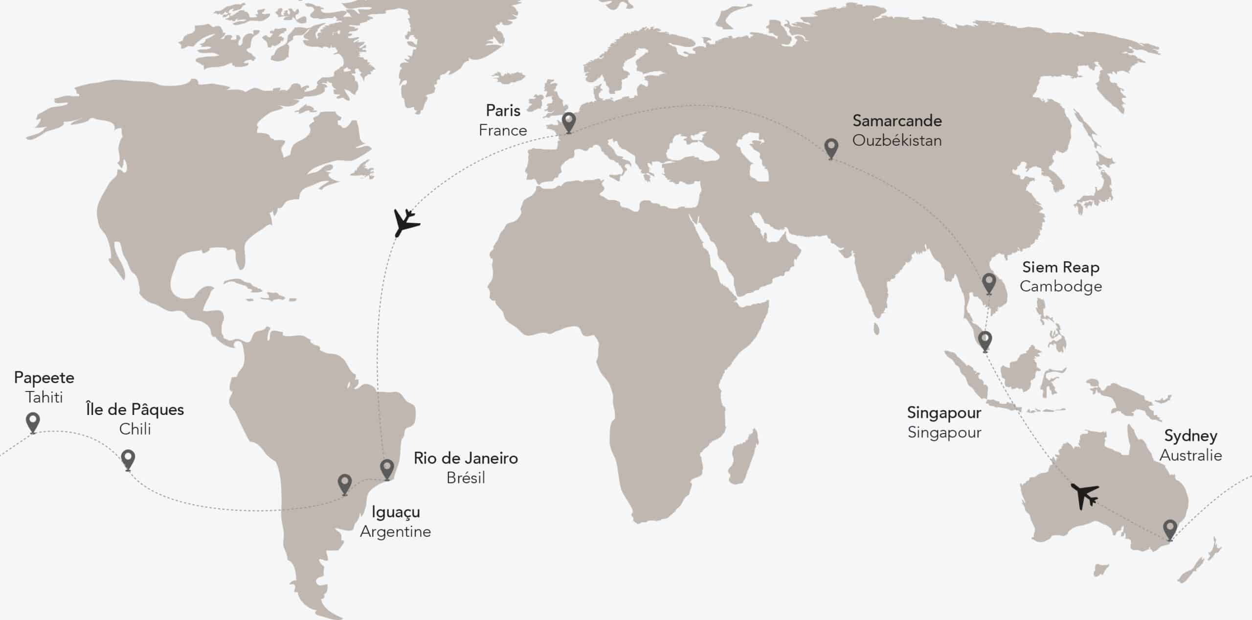 Carte illustrant un voyage d’exception avec TMR Voyages, reliant Paris à Sydney via plusieurs destinations exclusives.