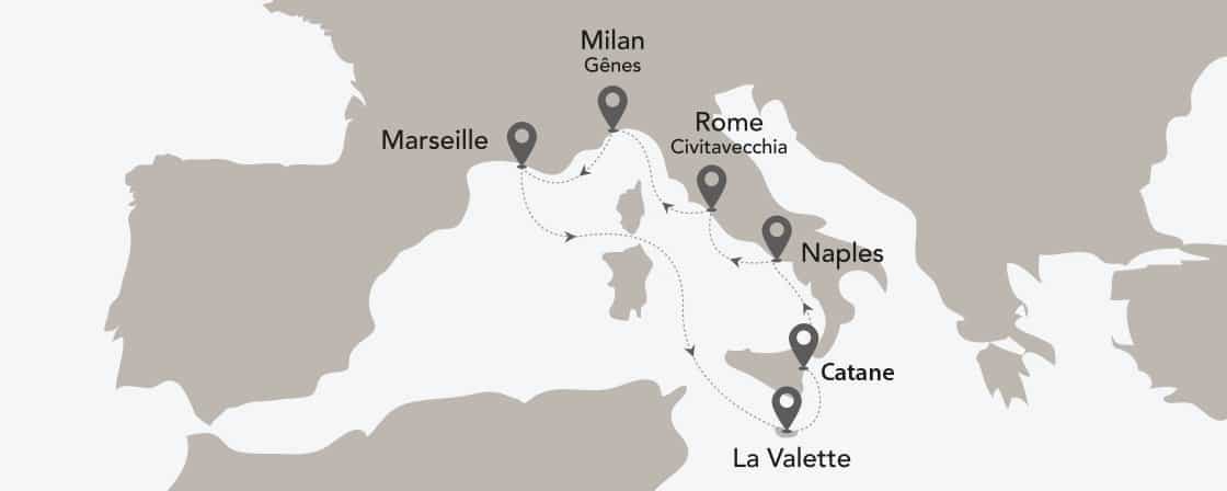 Explorez un itinéraire de voyage d'exception en Méditerranée avec TMR Voyages, reliant Marseille, Rome et La Valette.