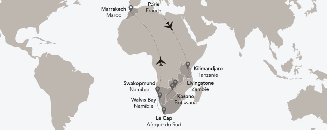 Découvrez une carte illustrant un voyage d’exception de TMR Voyages, reliant Paris à des destinations en Afrique.
