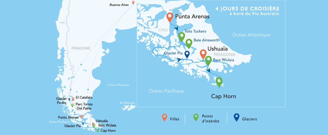 Découvrez une carte de croisière de luxe en Patagonie avec TMR Voyages, reliant Punta Arenas et Ushuaïa.