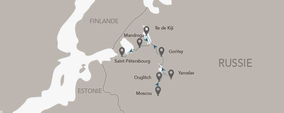 Carte des destinations en Russie, incluant Saint-Pétersbourg et Moscou, pour un voyage d'exception avec TMR Voyages.