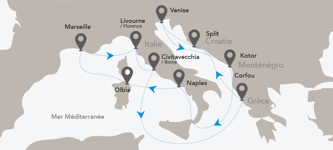 Itinéraire de croisière de luxe TMR Croisières en Méditerranée, visitant Venise, Naples et Split pour des expériences authentiques.