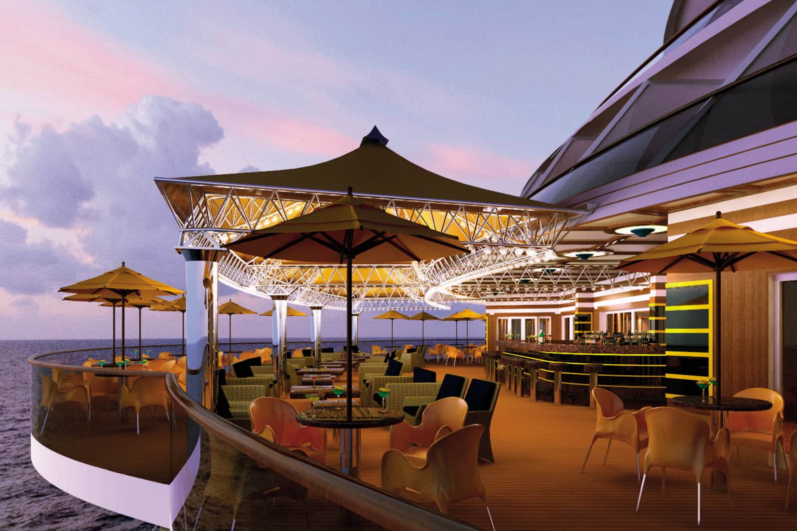 Terrasse élégante d'un bateau de croisière de luxe, offrant une vue panoramique sur l'océan. TMR Voyages garantit une expérience inoubliable.