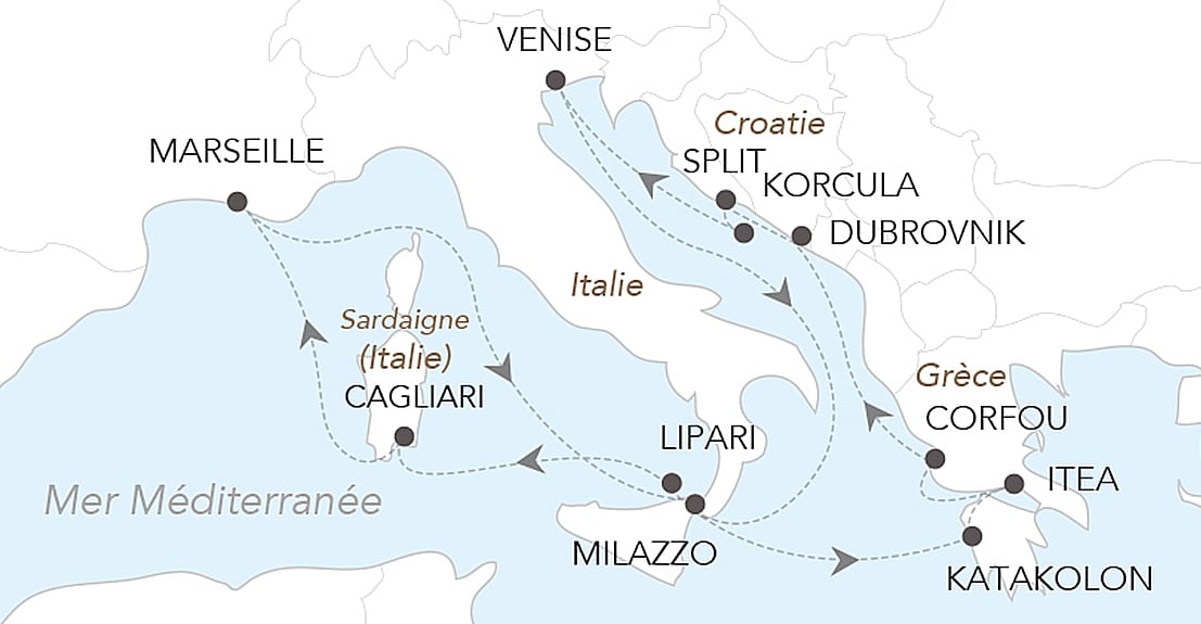 Carte représentant une croisière de luxe en Méditerranée, proposée par TMR Voyages, reliant des destinations exclusives.