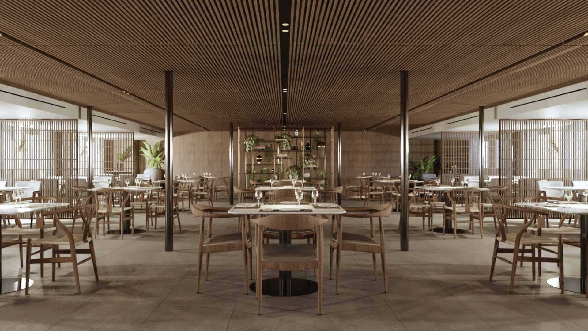 Un restaurant élégant avec des tables en bois et un décor moderne, idéal pour un voyage d’exception avec TMR Voyages.