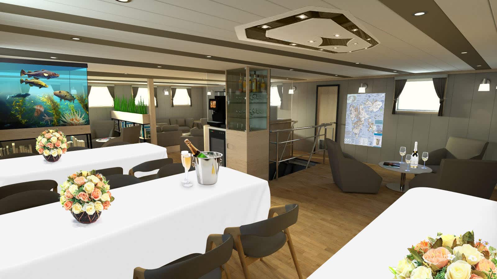 Un intérieur moderne avec un aquarium, des tables élégantes et des fauteuils confortables, parfait pour un voyage de luxe avec TMR Voyages.