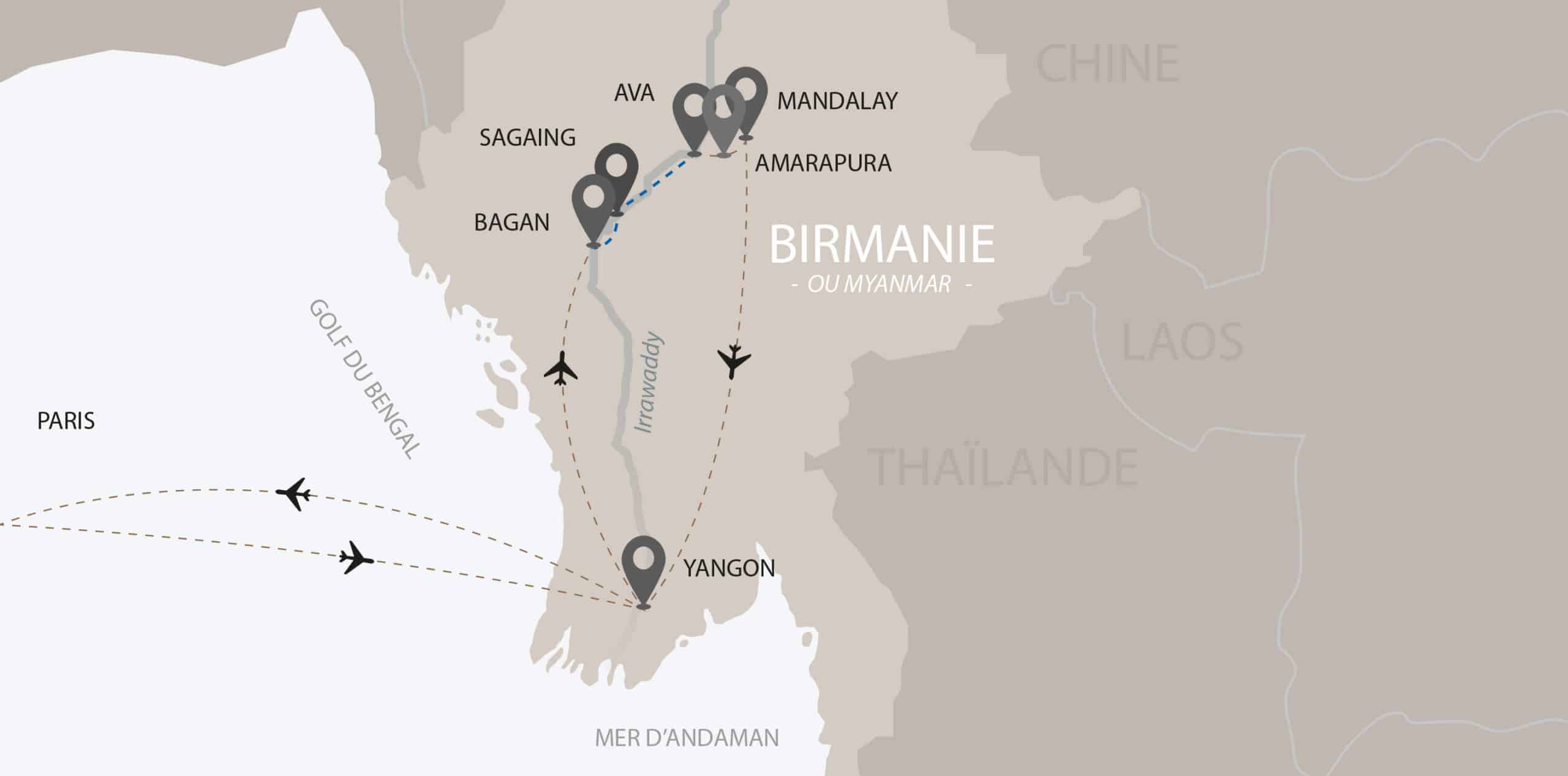 Carte de la Birmanie avec des destinations. Explorez cette destination exclusive avec TMR Voyages.