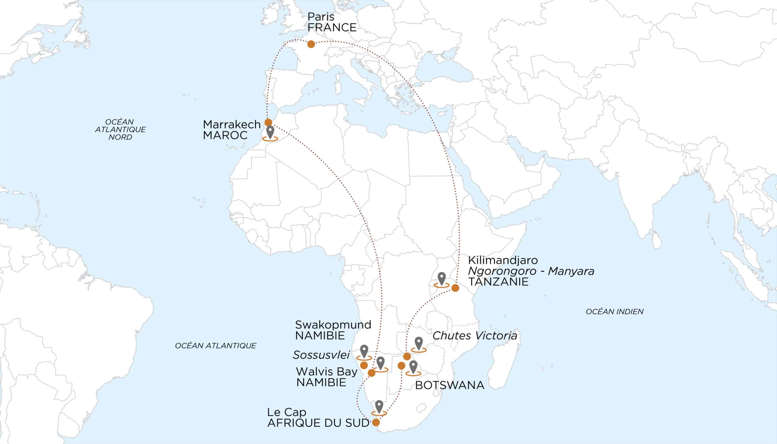 Carte illustrant un parcours de voyage d’exception avec TMR Voyages, reliant Paris, Marrakech et l'Afrique du Sud.