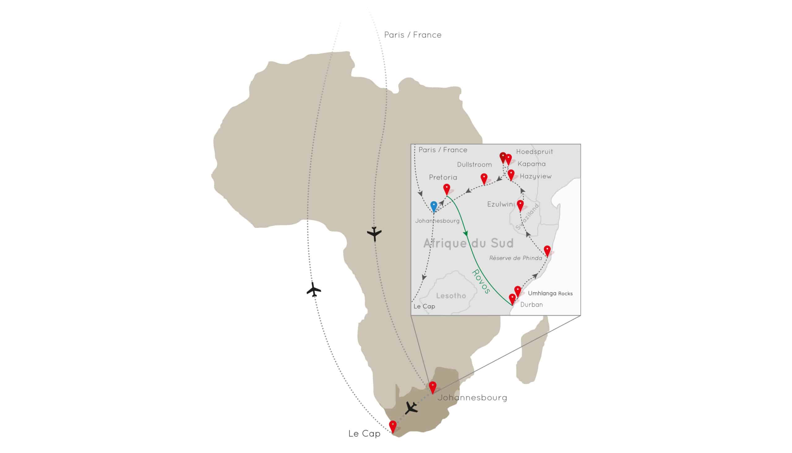 Carte illustrant un voyage d’exception en Afrique du Sud, reliant Paris à Johannesburg et Le Cap, par TMR Voyages.