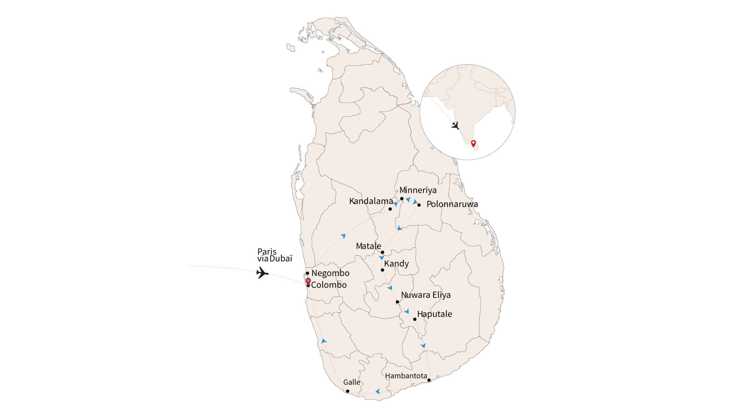 Cette carte du Sri Lanka, avec Paris via Dubaï, illustre les destinations exclusives proposées par TMR Voyages.
