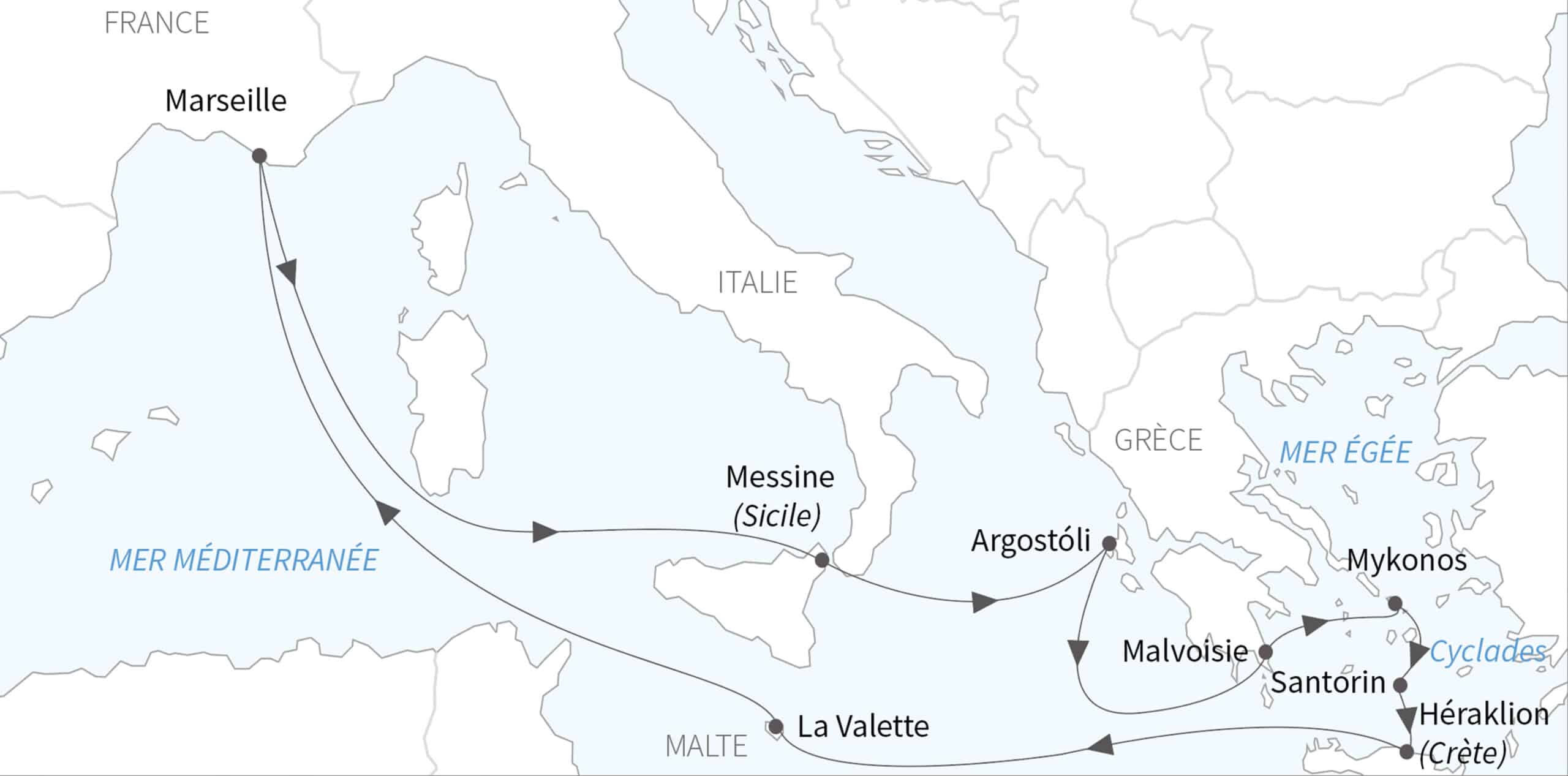 Carte des itinéraires de croisière en Méditerranée, incluant Marseille et des destinations emblématiques. TMR Croisières.