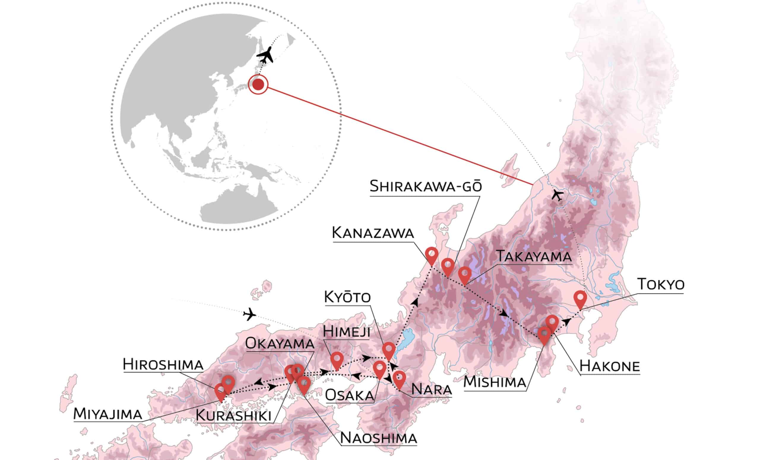 Cette carte du Japon met en avant des destinations exclusives pour un voyage d’exception avec TMR Voyages.