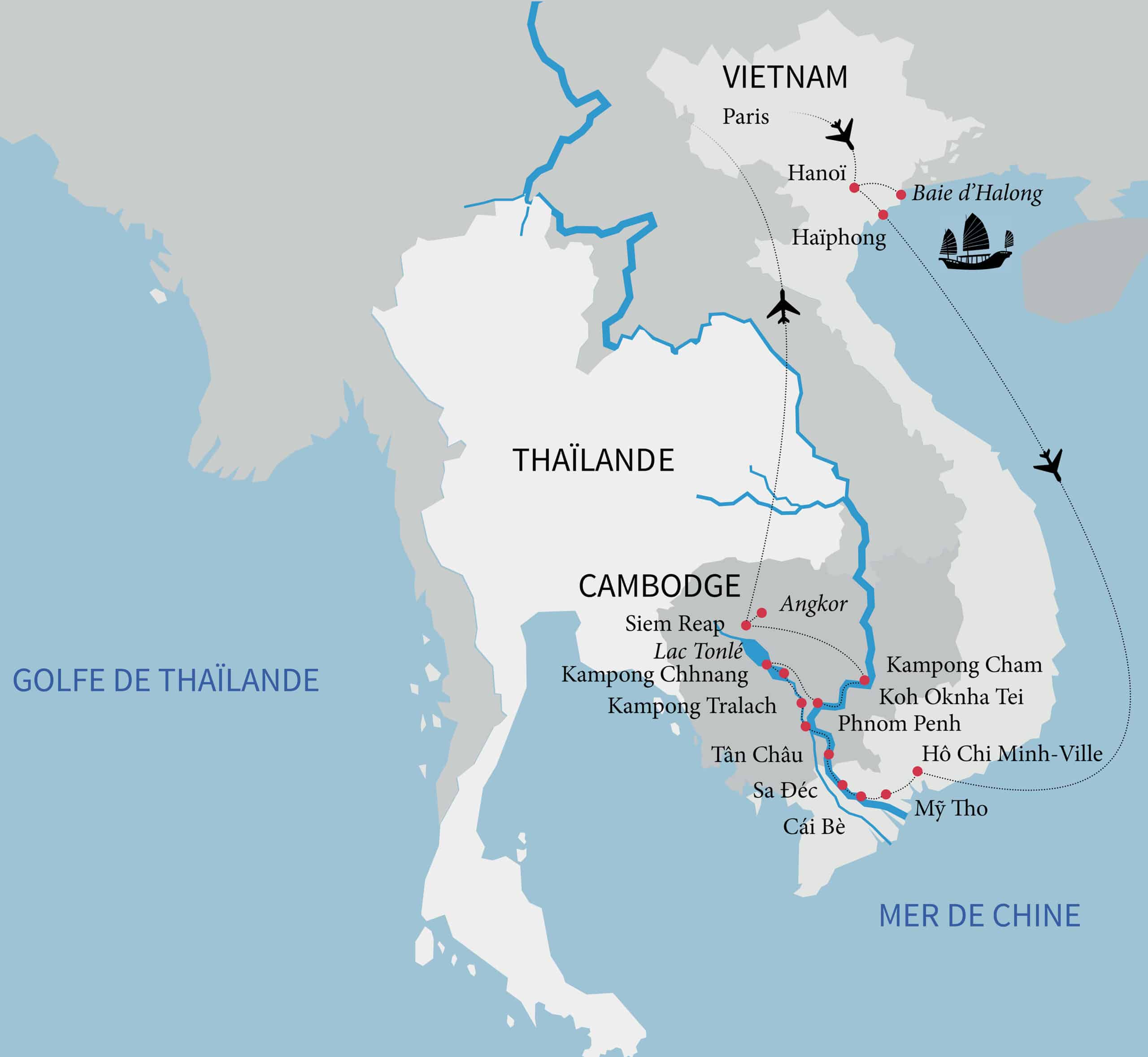 Cette carte illustrant la Thaïlande, le Vietnam et le Cambodge invite à un voyage d’exception avec TMR Voyages.
