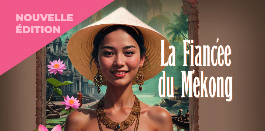 Une femme souriante en chapeau conique, entourée de fleurs de lotus, évoque le charme d'un voyage de luxe avec TMR Voyages.