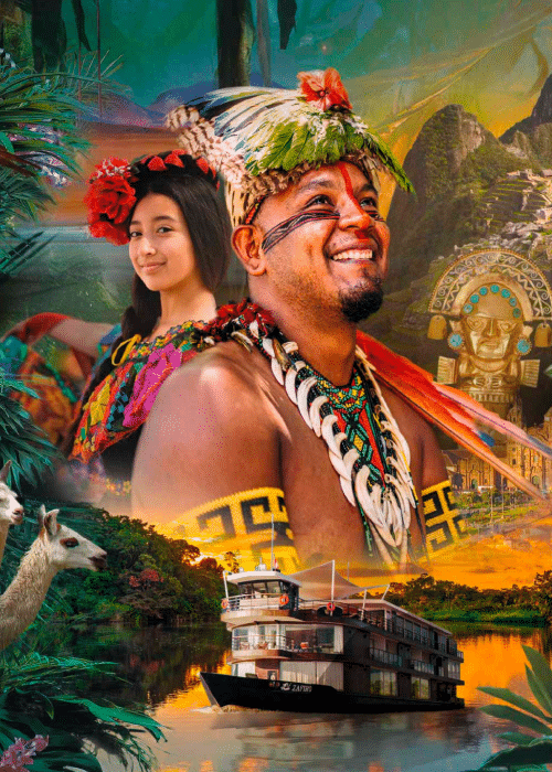 Dans un décor tropical, un homme au visage peint et une femme souriante entourent un bateau de croisière de luxe, TMR Voyages.